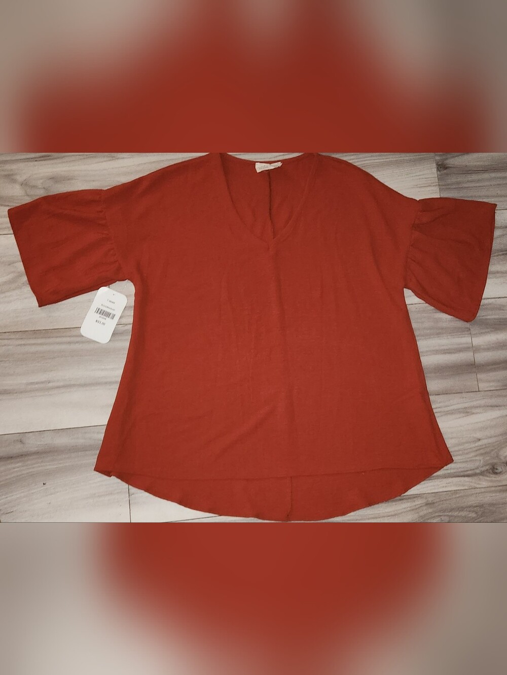 Rust Brick Color Flutter Bell Sleeve V-Neck Top Size Medium